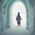 little girl comes out of an ice cave in a winter park